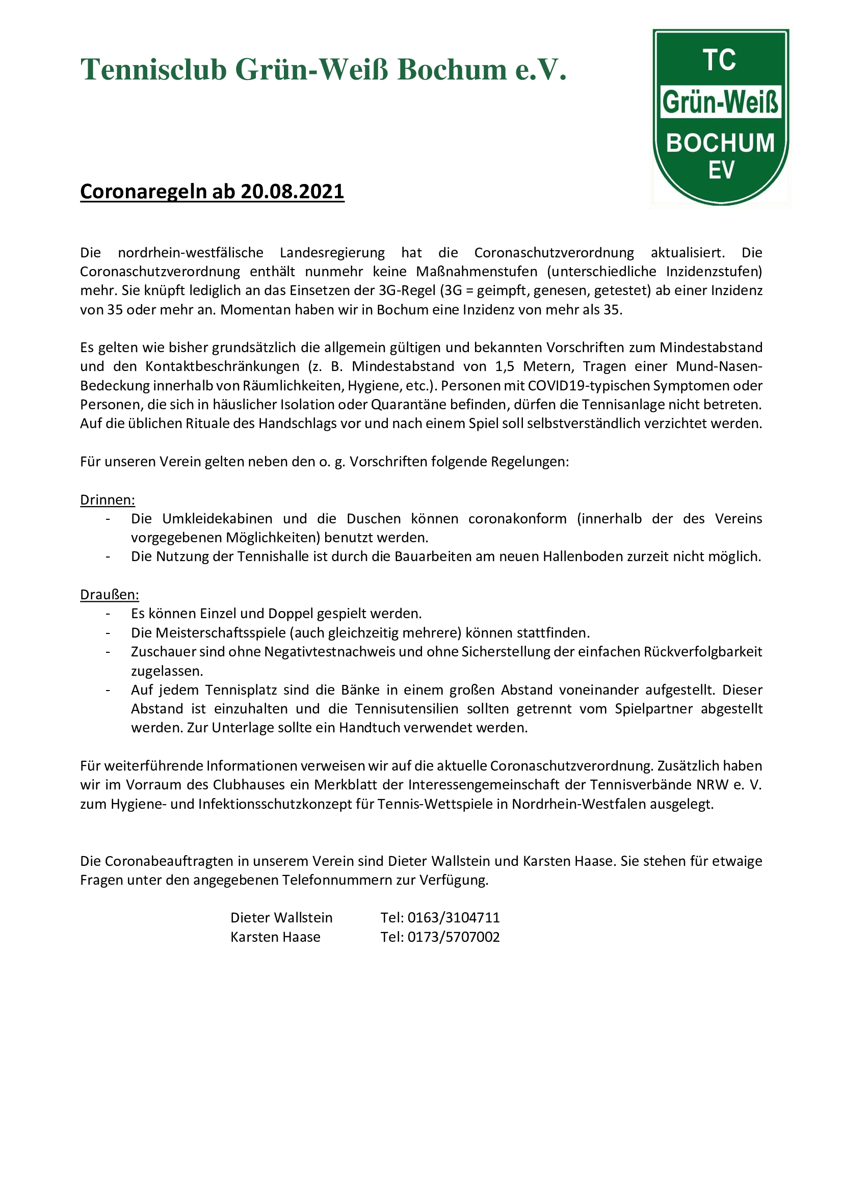 TC GW Coronaregeln neu ab 20082021